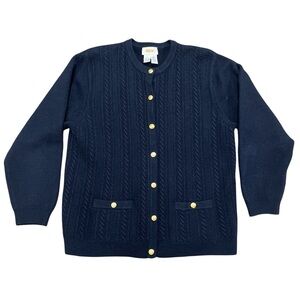 Vintage Talbots Womens Size XL Cardigan Navy Pure Wool Cable Knit Gold Buttons